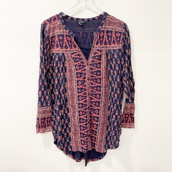 Lucky Brand Tops - Lucky Brand Printed 3/4 Sleeve Button Up Shirt Notched Neckline Size L